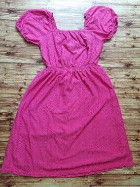 INSPIRE CHIC Hot Pink Women's Small Eyelet Puff Sleeve Midi Dress